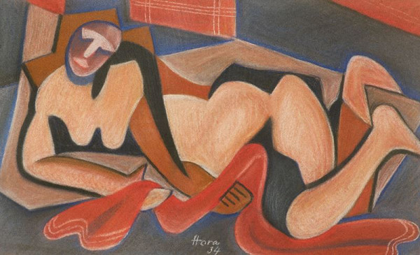 František Hora – Ležící žena s červenou šálou 