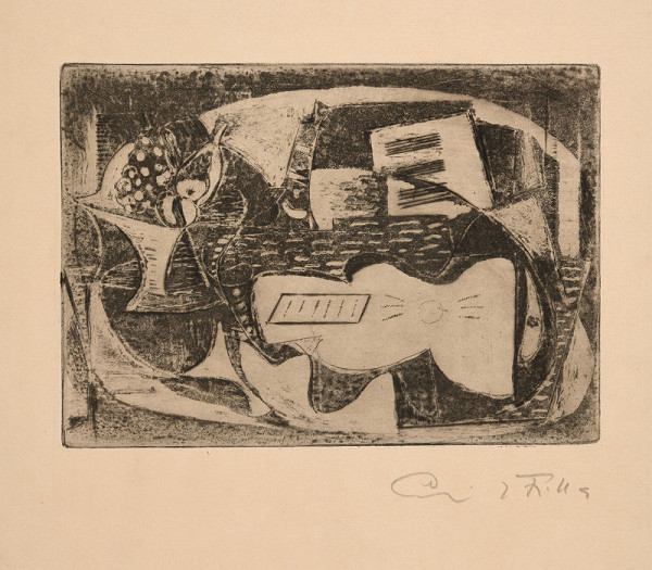 Emil Filla – Zátiší s kytarou a podnosem ovoce 