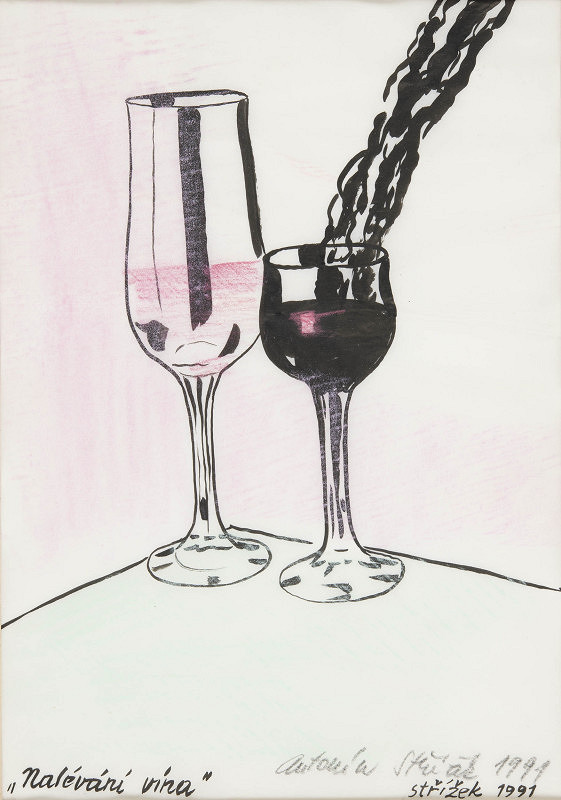 Antonín Střížek – Nalévání vína (z výstavy Na bidýlku, Brno 1991) 