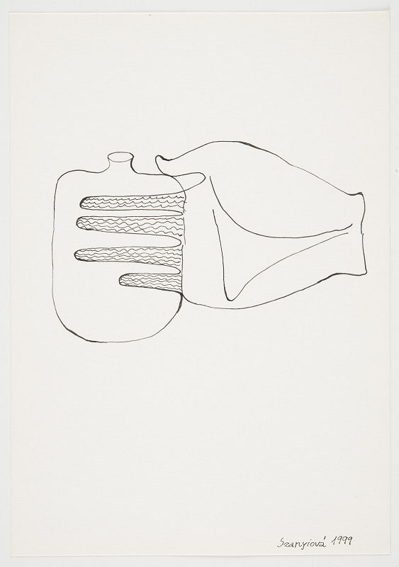 Katarína Szanyi – Kresba (ruka a láhev), (reprodukováno v katalogu výstavy Na bidýlku "VY3") 