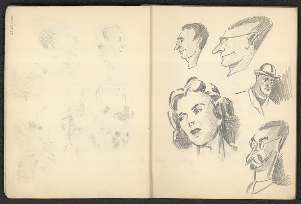 Jiří Rathouský – kresba ve skicáři  -  hlavy mužů a dívky 