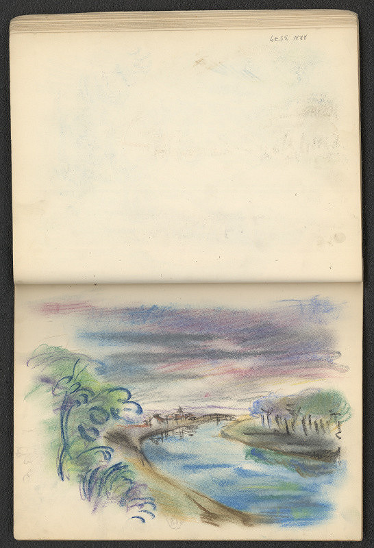 Jiří Rathouský – kresba ve skicáři  -  krajina s řekou 