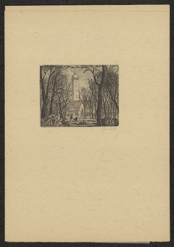 Jan Halla – Ex libris MR (Mirko Riedl). in Vzpomínka z Budějovic. Soubor jedenácti leptů a rytiny Jana Hally básní doprovodil Vl.Thiele 