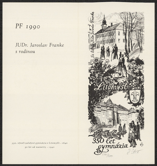 Josef Lubič – Ex libris JUDr. Jaroslav Franke; Litomyšl 350 let gymnázia 