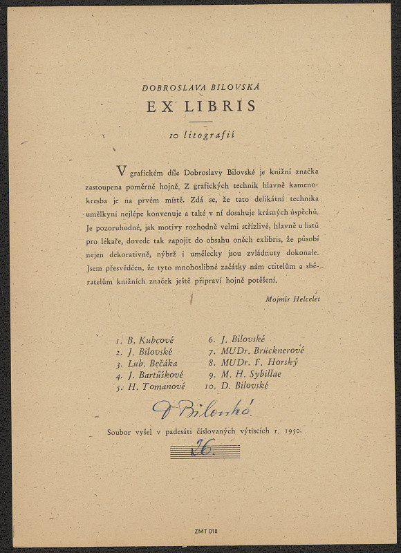 Dobroslava Bilovská – Ex libris J. Bilovské. in Exlibris 10 litografií 