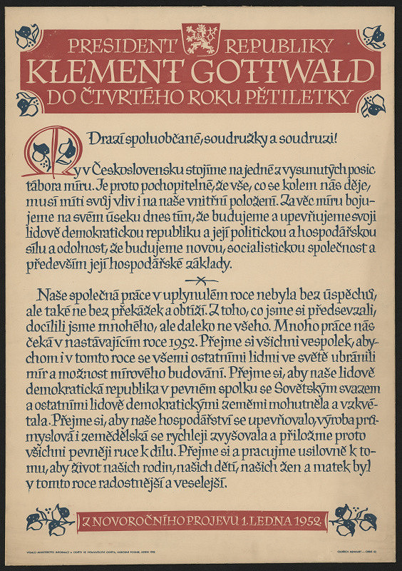 Oldřich Menhart – novoroční projev k 1.1.1952 pes. republiky K.Gottwalda do4. roku pětiletky 