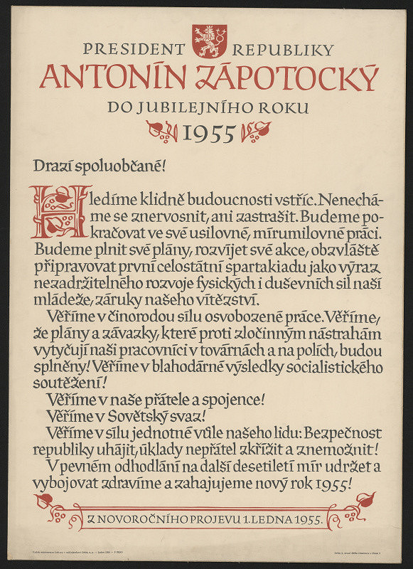 Oldřich Menhart – novoroční projev k 1.1.1955 presid. republ. Ant. Zápotockého do jubilejn. rl¨. 1955 