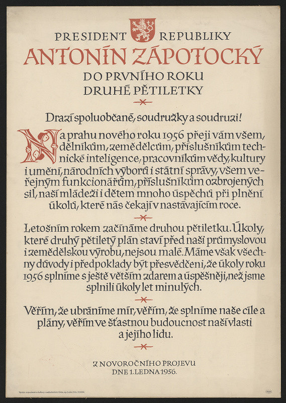 Oldřich Menhart – novoroční projev k 1.1.1956 presid. republ. Ant. Zápotockého do jubilejn. rl¨. 1955 