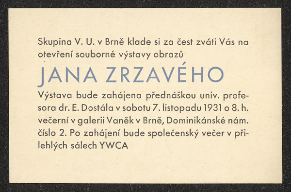 neznámý – Pozvánka na výstavu Jana Zrzavého. Brno, Dominik. nám.2 