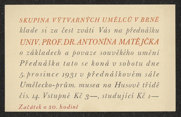 neznámý – Pozvánka na přednášku univ. prof. dr. Ant. Matějčka, UPM Brno 