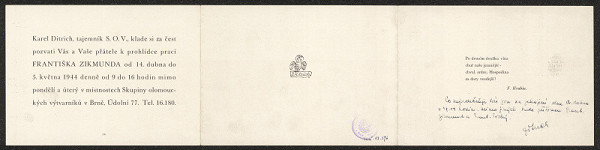 neznámý – Pozvánka na výstavu Frant. Zikmunda, Brno Údolní 77 