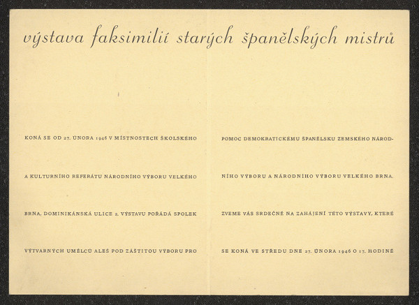 neznámý – Pozvánka na výstavu faksimilií starých španělských mistrů, Brno, Dominikánská 2 
