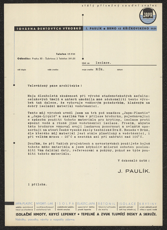 Hugo Táborský – Japa - dopisní papíry pobočky Praha 