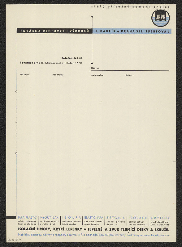 Hugo Táborský – Japa - dopisná papír pobočky Brno 