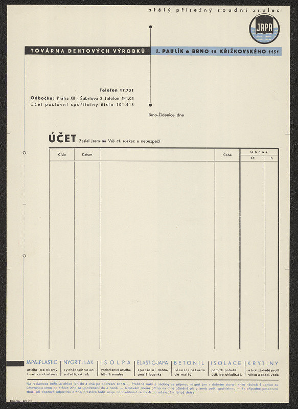 Hugo Táborský – Japa - účet firmy 