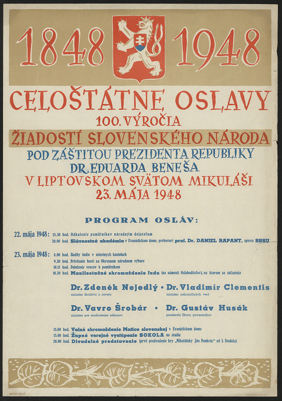 Anton (Antonín) Hollý – 1848-1948. Celoštátne oslavy 100. výročie ... v Liptovskom světom Mikuláši 