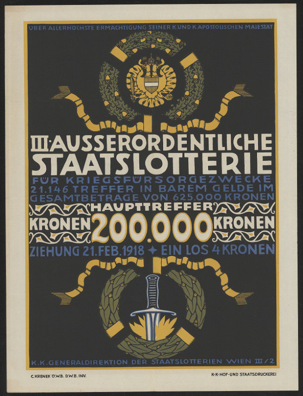 Carl Krenek – III. Ausserordentliche Staatslotterie für Kriegsfürsorgezwecke ... 1918 Wien 
