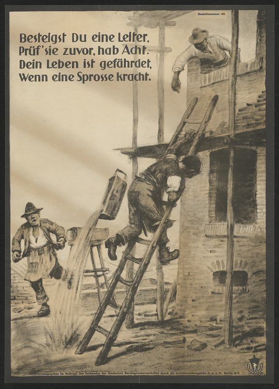 neznámý – Besteigst Du einen Leiter. Prüf sie zuvor, hab ... Fußschutz! Unfallverhnetunsbild GMBH 