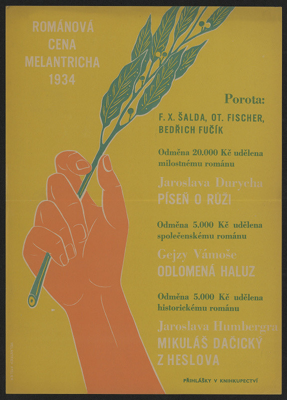 Ateliér Melantrich – Románová cena Melantricha 1934, Odměna 20000 Kčs udělena románu J. Durycha ... 