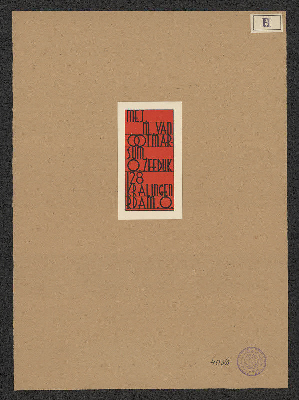 Rund E. Hanrath – Exlibris Mej. M. van Ootmarssum. O. Zeedijk 128 Kralingen Rdam O. 