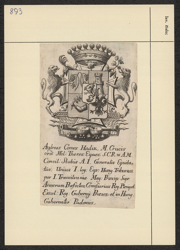 neznámý – Ex libris Andreas comes Hadik etc. etc. et in Hung. gubernator Pudensis 
