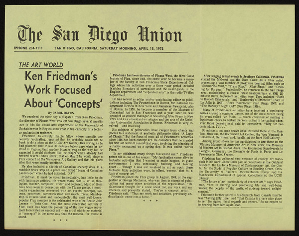 Ken Friedman – Ken Friedman's Work Focused About 'Concepts', The Art World, The San Diego Union, California, Saturday morning, April 15, 1972 
