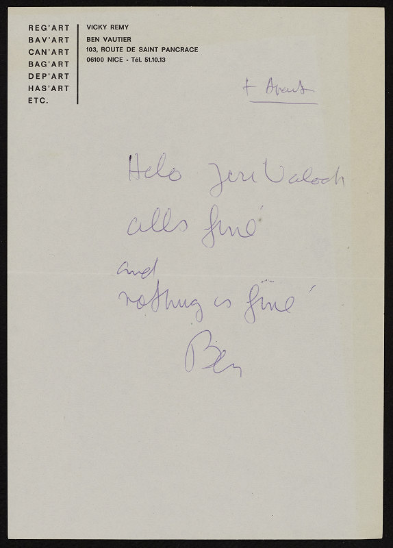 Ben Vautier – Letter for Jiří Valoch 