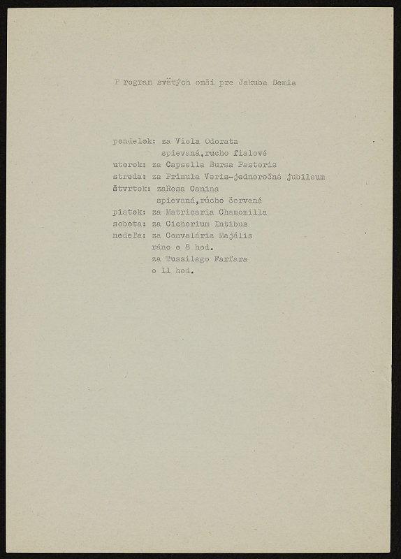 Dezider Tóth – Program svätých omší pre Jakuba Demla 