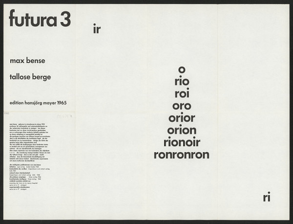 Max Bense – Tallose Berge, Futura 3 edition Hansjörg Mayer, Stuttgart, Germany (1-26) 