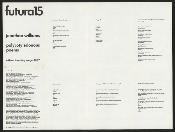Jonathan Williams – Polycotyledonous poems, Futura 15 edition Hansjörg Mayer, Stuttgart, Germany (1-26) 