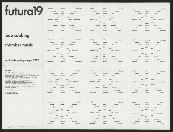 Bob Cobbing – Chamber Music, Futura 19 edition Hansjörg Mayer, Stuttgart, Germany (1-26) 