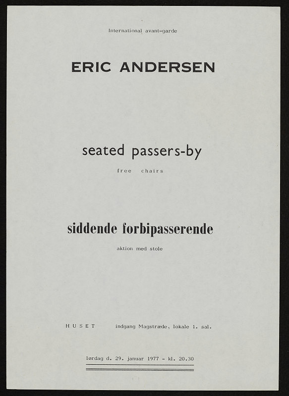 Eric Andersen – Seated Passers-by exhibition flyer, Huset Magstraede Copenhagen 1977