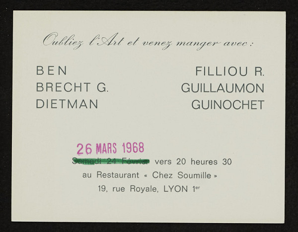 Benjamin Vautier – Oubliez l´Art et Venez Manger Avec Ben - Brecht G. - Dietman, Filliou R. - Guillaumon - Guinochet 