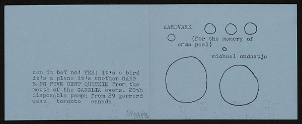 Barrie Phillip Nichol – Aardvark, 5? Mini Mimeo Series # 20, Ganglia Press Toronto Kanada 