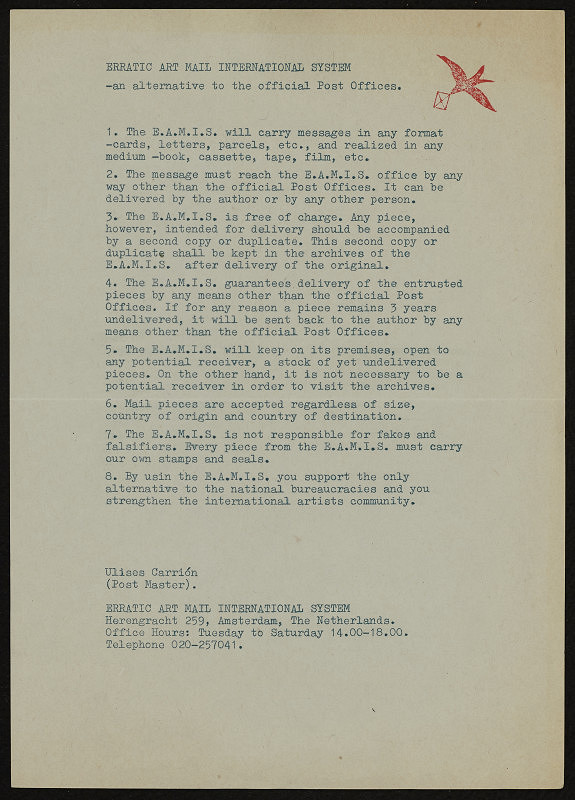 Ulises Carrión – Erratic Art Mail International System - an alternative to the official Post Ofices, Other Book and So, Amsterdam 