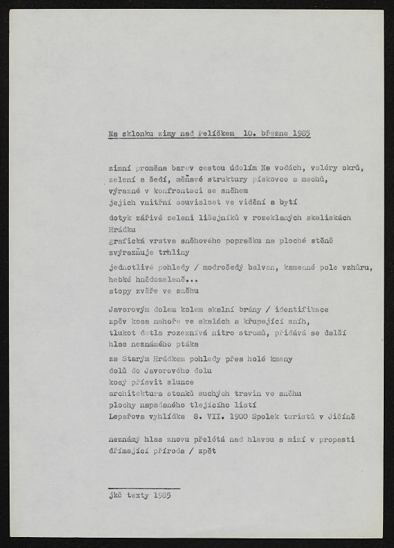 Jan K. Čeliš – Na sklonku zimy nad pelíškem 10.března 1985 