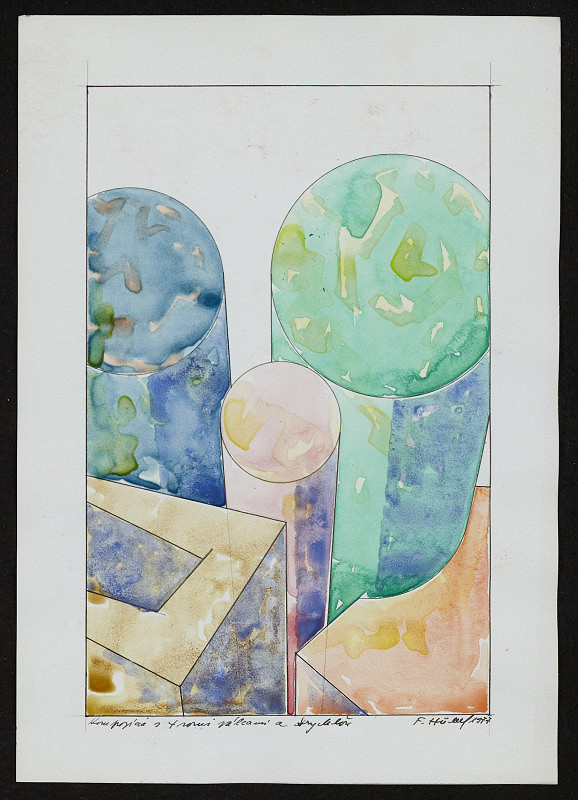 František Hüber – Kompozícia s tromi valcami a krychĺou 