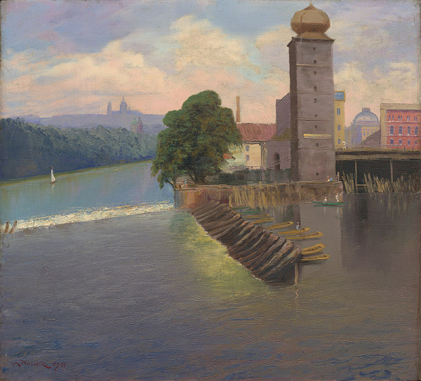 Jan Minařík – Pohled na Šítkovskou vodárnu a mlýny 