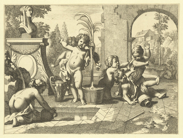 Václav Hollar – Hra osmi dětí před sochou bohyně ve zřícenině 
