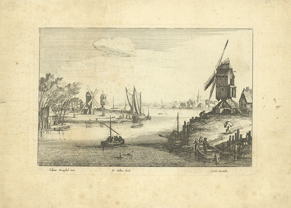 Václav Hollar – Vlámská krajina s průplavem a třemi větrnými mlýny 