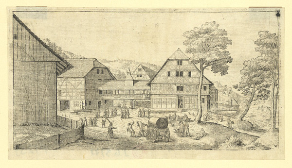 Václav Hollar – Venkovské stavení se skupinou postav 