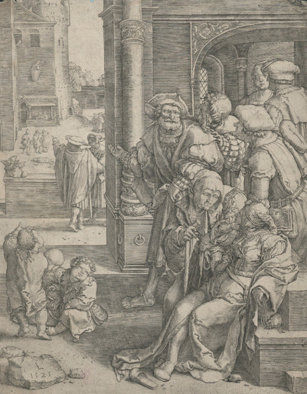 Lucas van Leyden – Římský lid se posmívá básníkovi Vergiliovi, pověšenému z okna v koši 