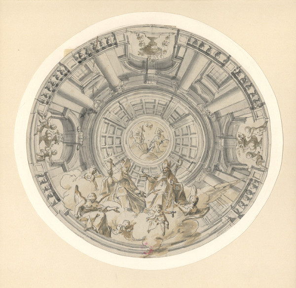 Josef Hager – Návrh iluzivní kupole s Nejsvětější Trojicí, sv. Vojtěchem, sv. Prokopem a anděly 