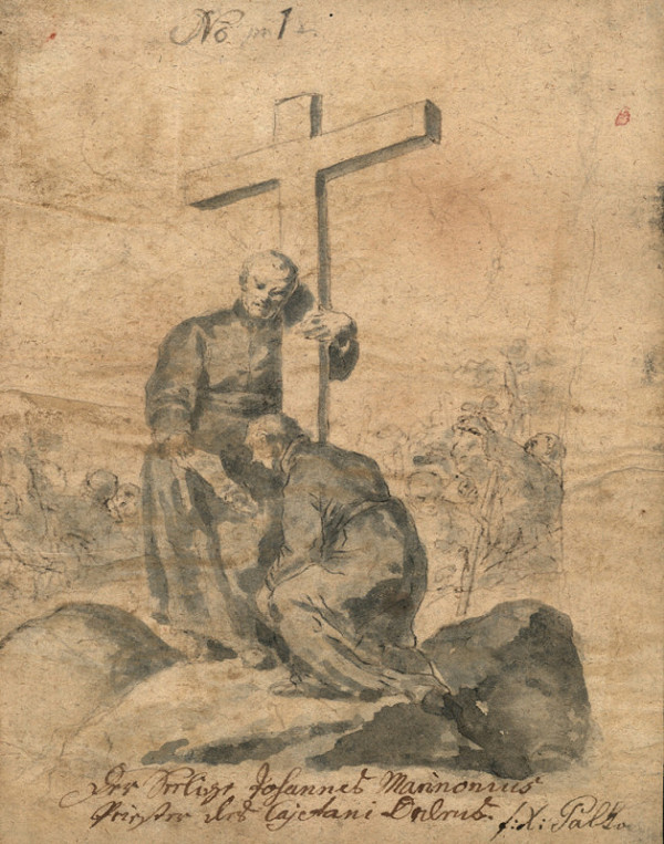 František Karel Palko – Blahoslavený Jan Marinonius s křížem a klečícím spolubratrem z řad theatinů 