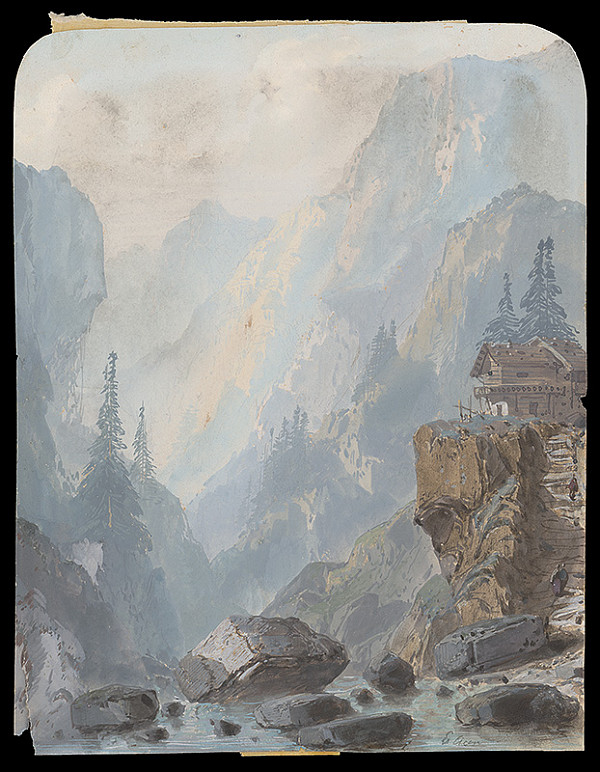 Rakúsky maliar po polovici 19. storočia – Horská krajina s dreveným domom 