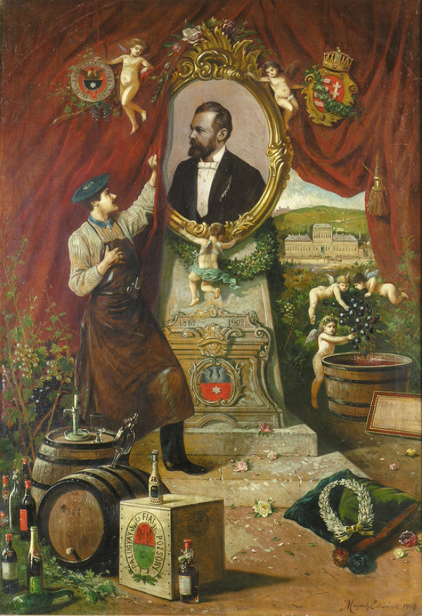 Eduard Majsch – Apoteóza vinára Jozefa Palugyaya s umelcovým autoportrétom 