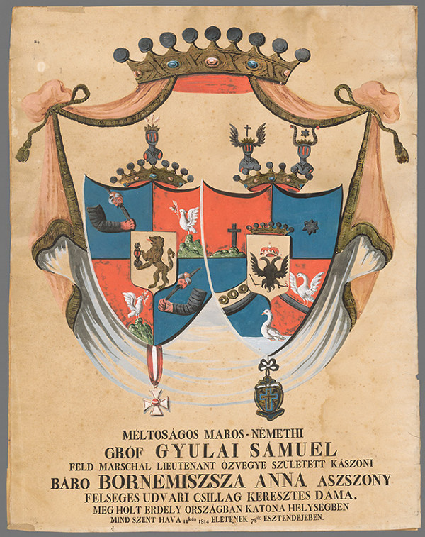 Maďarský maliar z konca 19. storočia – Aliančný erb grófa Samuela Gyulaiho a barónky Anny Bornemiszsza 