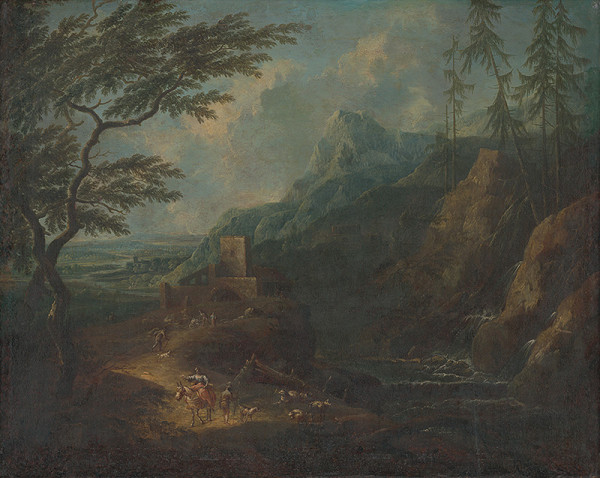 Severotaliansky maliar z 1. polovice 18.storčia, Stredoeurópsky maliar z 1. polovice 18. storočia, Maximilian Joseph Schinnagl – Horská krajina s vodopádom a figurálnou štafážou 