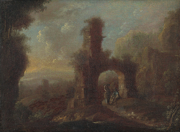 Rakúsky maliar okolo polovice 18. storočia – Krajina so zrúcaninou a  figurálnou štafážou  