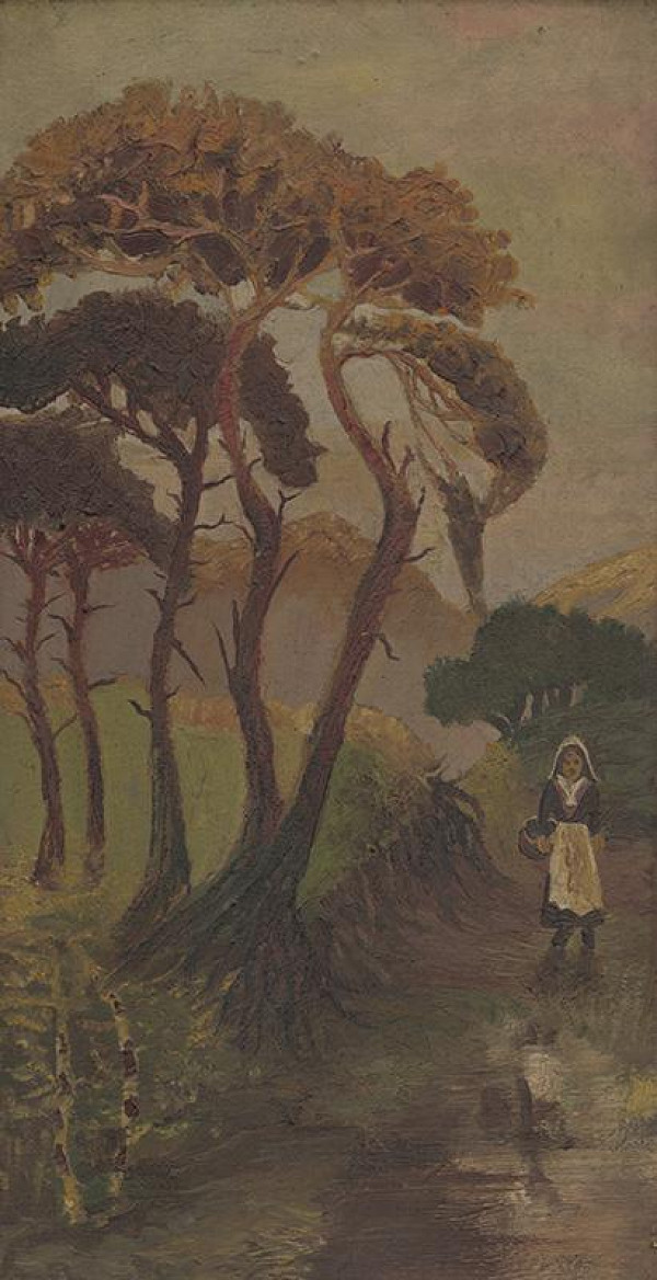 Stredoeurópsky maliar z prelomu 19. - 20. storočia – Krajinka s pocestnou 